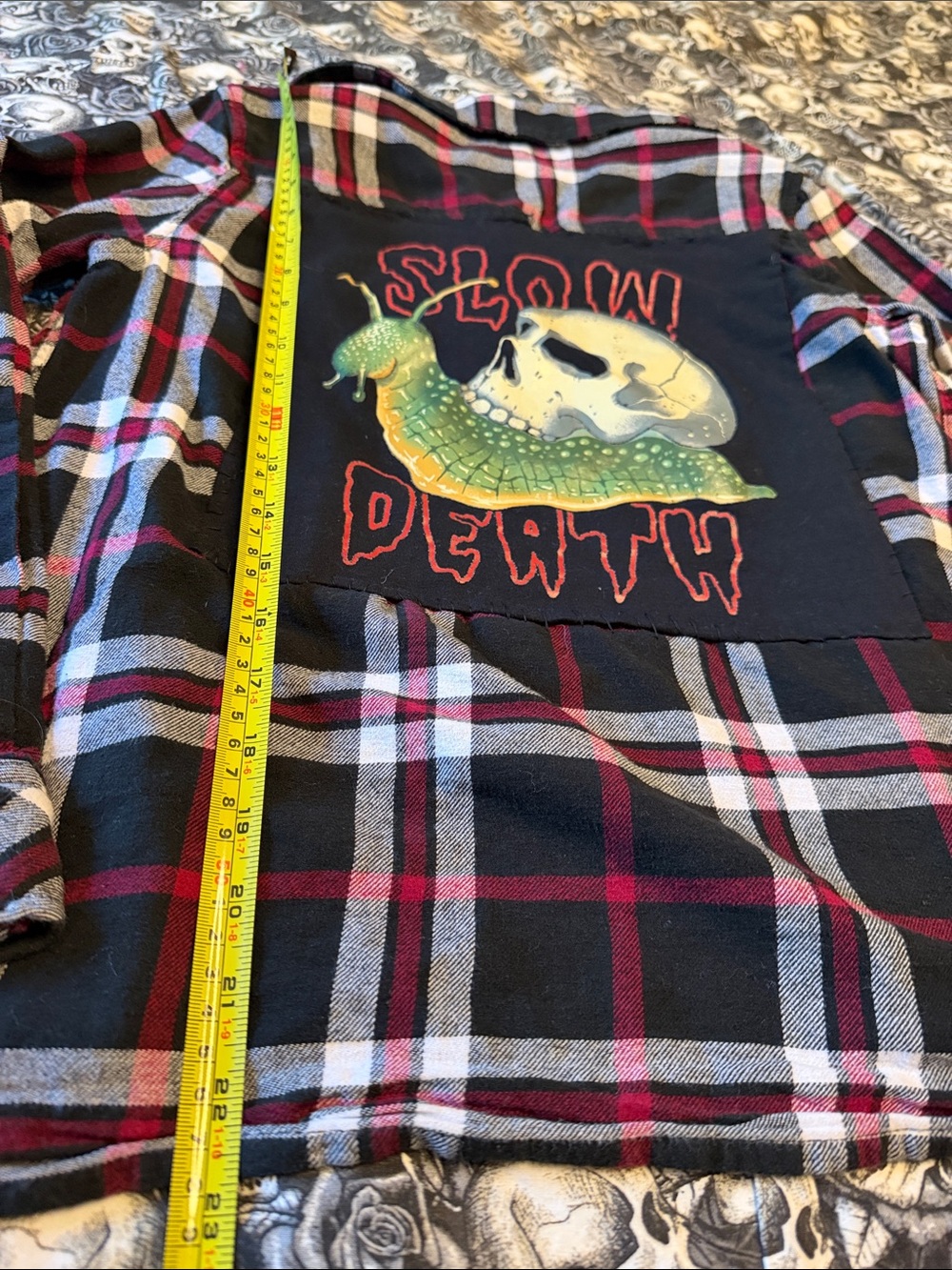 RARE HAND STITCHED Kids large Plaid Flannel Shirt with Skull Patch - Black & Red - Picture 2 of 5